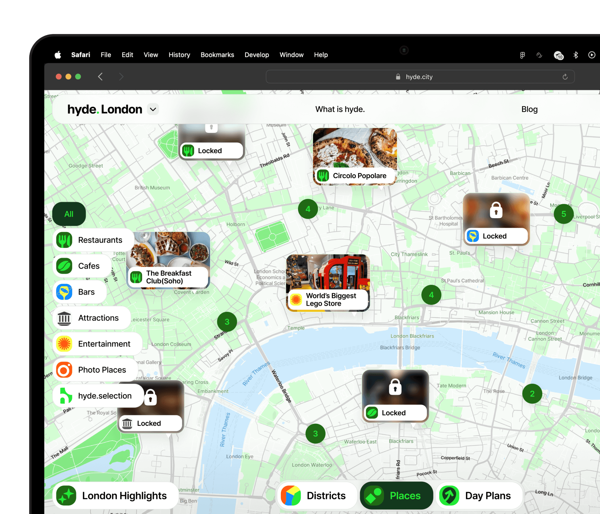 Hyde city guide on a desktop map of London